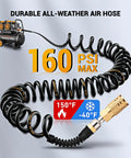 160 psi 1/4 In Polyurethane Recoil Air Hose With 28 Ft Length, Detachable Bend Restrictors, Brass Quick Connect Fittings