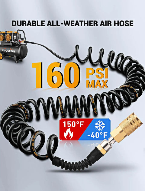 160 psi 1/4 In Polyurethane Recoil Air Hose With 28 Ft Length, Detachable Bend Restrictors, Brass Quick Connect Fittings