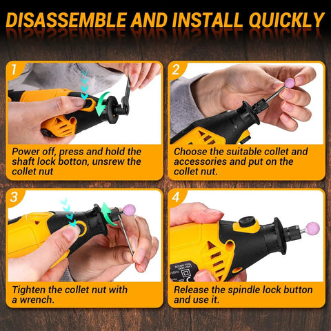 Step-by-step guide on using Go-To Power Hand Rotary Tool Kit With Variable Speed 8000 To 35000 RPM, Flex Shaft Attachment