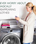 Woman smiling while using Laundry Guard With Silicone Gap Cover And Magnetic Fence For Washer And Dryer to prevent clothes from falling