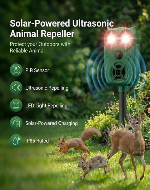 Ultrasonic Animal Repeller With Motion Sensor And LED Light 2 Pack Waterproof Outdoor Yard Deterrent For Deer Raccoon Squirrel Cats And Dogs Keeps Pests Out Easy Mount Dark Green, solar-powered garden stake