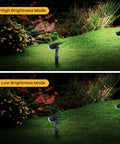 Outdoor Solar Spotlight Kit 6 Pack, 200 Lumen Daylight White LED Landscape Lights, IP65 Waterproof showcasing brightness modes