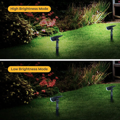 Outdoor Solar Spotlight Kit 6 Pack, 200 Lumen Daylight White LED Landscape Lights, IP65 Waterproof showcasing brightness modes