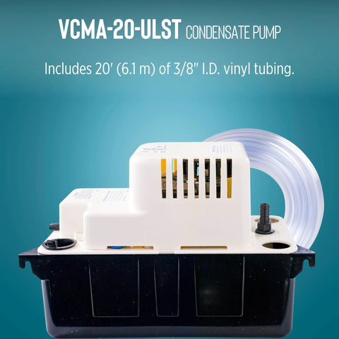 Little Giant VCMA-20ULST condensate pump with white vented housing, black base, and 20 ft vinyl tubing