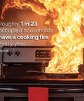 Cooking fire emergency with flames erupting from pan on Smart Gas Stove Auto Shut Off Device With Integrated Smoke Sound Detector For Kitchen Fire Prevention Senior Parent Safety And Household Protection Game Changer Totally Foolproof One Half Inch Gas Line Compatible.