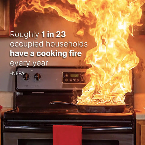 Cooking fire emergency with flames erupting from pan on Smart Gas Stove Auto Shut Off Device With Integrated Smoke Sound Detector For Kitchen Fire Prevention Senior Parent Safety And Household Protection Game Changer Totally Foolproof One Half Inch Gas Line Compatible.