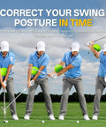 Golfer using Golf Swing Training Aid For Hand Positioning And Posture Correction That Feels Like A Personal Coach And Game Changing Swing Feel With Smart Ball Guidance For All Levels From Beginners To Pros, green ball visible.