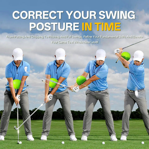 Golfer using Golf Swing Training Aid For Hand Positioning And Posture Correction That Feels Like A Personal Coach And Game Changing Swing Feel With Smart Ball Guidance For All Levels From Beginners To Pros, green ball visible.