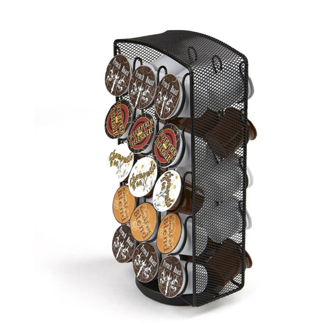 Single Serve Coffee Pod Carousel Organizer For Breakrooms, 30 Pod Capacity, Metal Mesh Spinner Rack, Silver Finish with pods
