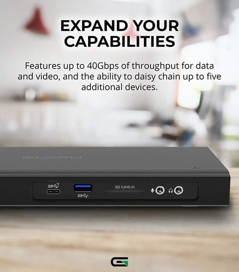Rock Solid Thunderbolt 3 Nvme Expansion Dock With Two Terabyte M2 Internal Drive And Blazing Fast Uhs Ii Sd Reader For Dead Simple File Transfers On Mac Or Windows Laptops In Matte Black showing USB and SD ports.