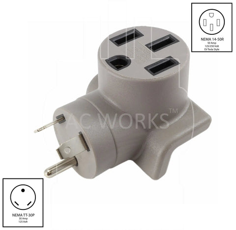 Road Trip Ready Ev Charging Adapter For Tesla Model 3 Or Model Y With Tt 30P Rv Plug, gray NEMA TT-30P connector for durable camping power.