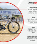 Road bike with compatibility information for T-Handle Ratchet Wallet Kit Ride-Ready Pocket-Sized Three-Way Tool Set With Twelve Bike-Specific Quarter-Inch Bits, Bicycle Extension Bar, And Slim Carry Case For On-The-Go Bike Maintenance.