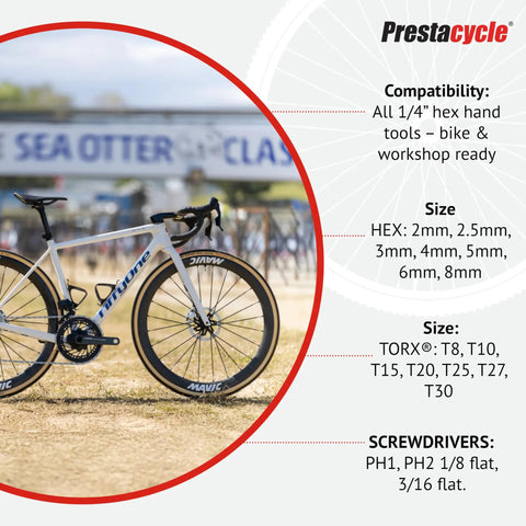 Road bike with compatibility information for T-Handle Ratchet Wallet Kit Ride-Ready Pocket-Sized Three-Way Tool Set With Twelve Bike-Specific Quarter-Inch Bits, Bicycle Extension Bar, And Slim Carry Case For On-The-Go Bike Maintenance.