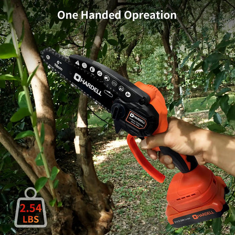 Compact 6 In Cordless Chainsaw Packs Serious Brushless Punch For No Sweat Tree Trimming And Limb Lopping Secure Lock Handles Business Smoothly Comes Loaded With Dual 21V Batteries Plus Backup Chains For Your Yard cutting a tree branch.