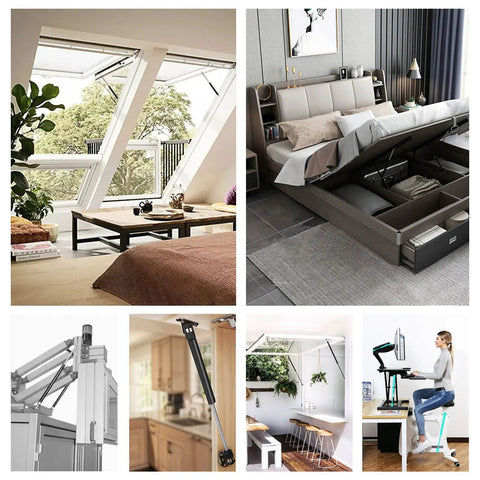 10 Inch Gas Spring Shocks Heavy Duty Lift Supports 22 Point 5 Lbs 100N used in bed storage and cabinets shown in collage