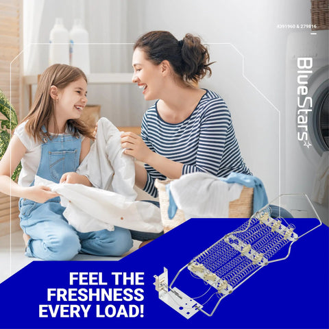 Mother and daughter doing laundry with Heavy Duty Dryer Heating Element And Thermal Cutoff Kit image overlay.