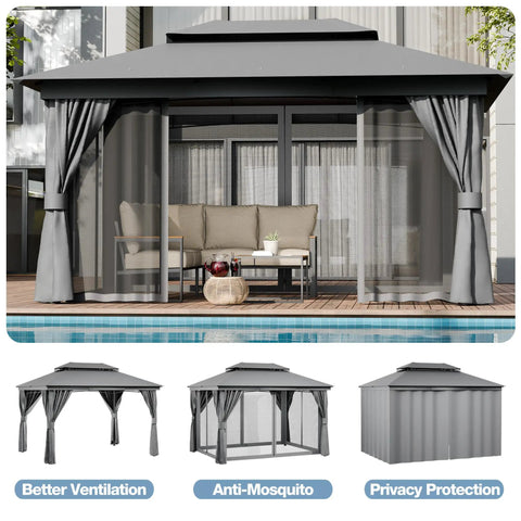 Outdoor Gazebo 10x13 With Mosquito Netting And Privacy Screens, Ventilated Double Roof Canopy Tent For Backyard Patio Garden And Party