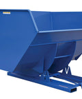 Heavy Duty Steel Self Dumping Hopper Forklift Tote Bucket Attachment Five Cubic Yards Six Thousand Lb Capacity Automatic Side Dumper blue hopper for jobsite trash pickup.