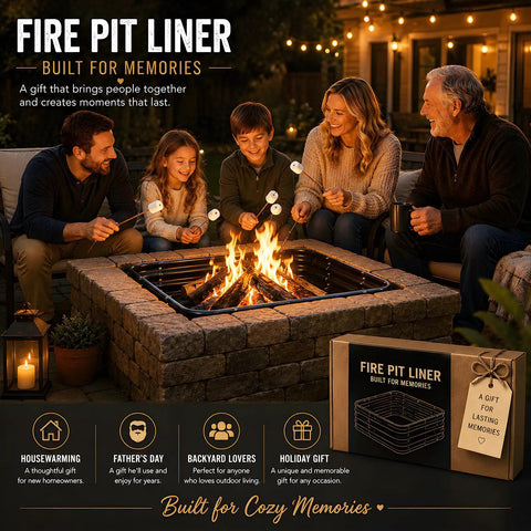 Family enjoying marshmallows around 48 Inch Beast Heavy Duty Square Fire Pit Ring For Outdoor Use, 11 Inch tall galvanized steel pit