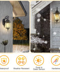 18 Inch High Outdoor Porch Wall Lantern With Dusk To Dawn Photocell Sensor Exterior Black Wall Mount Light in rain and snow