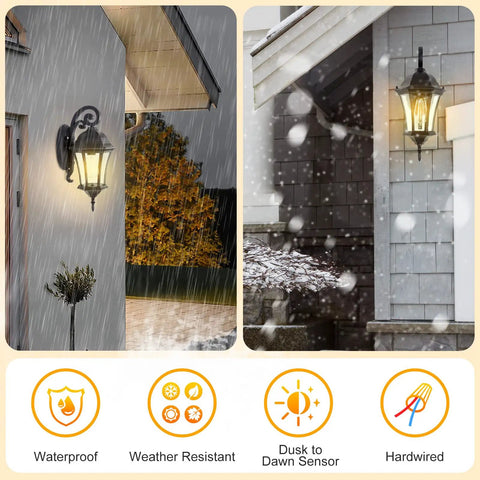 18 Inch High Outdoor Porch Wall Lantern With Dusk To Dawn Photocell Sensor Exterior Black Wall Mount Light in rain and snow