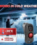 Man standing outside in snow using Two Pack Universal Garage Door Opener Remote Replacement With Rolling Code Security for Genie.