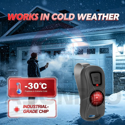 Man standing outside in snow using Two Pack Universal Garage Door Opener Remote Replacement With Rolling Code Security for Genie.