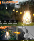 Close-up of outdoor string lights for patio and backyard waterproof IP65 Edison bulbs in rainy weather, shatterproof design.