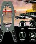 Canoe Kayak Anchor Grip With Teeth Clamps And 15ft Paracord, rubber grips, matte green, displayed by lake with kayaker