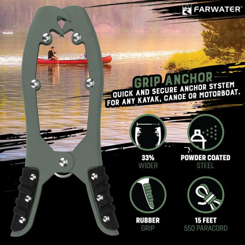 Canoe Kayak Anchor Grip With Teeth Clamps And 15ft Paracord, rubber grips, matte green, displayed by lake with kayaker