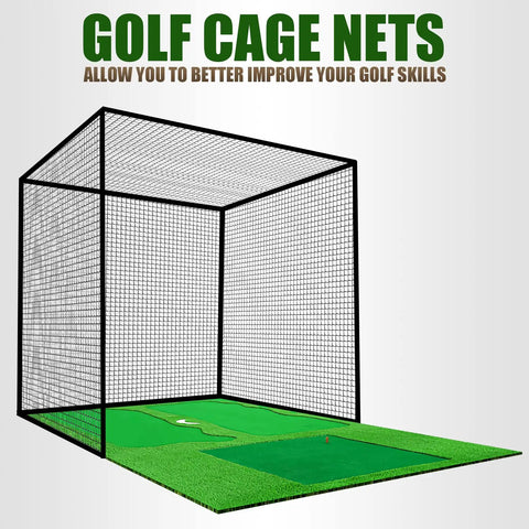 Black golf practice cage net with green mat base for improving skills, shown on white background.