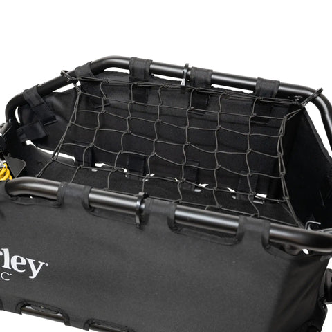 Coho XC Single Wheel Off Road Cargo Bike Trailer with coil spring suspension and quick release hitch, close-up of cargo bay netting