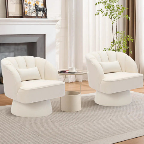 Velvet Swivel Barrel Chair With Plush Padding And Striped Backrest in beige, set of two in modern living room setting