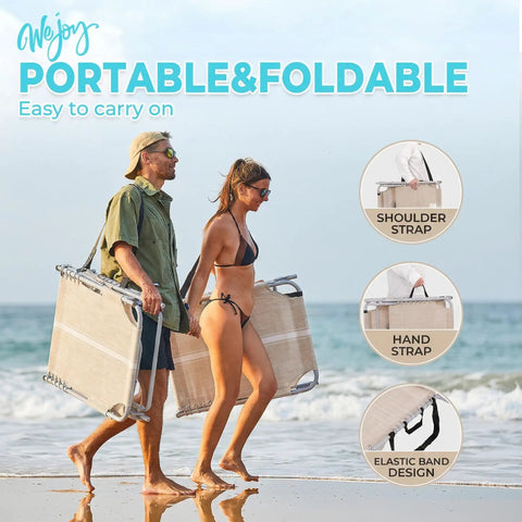Couple carrying Face-Down Sun Lounger With Canopy And Face Hole, 5-Position Adjustable Tanning Chair, khaki, at beach