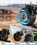 360° view of foldable utility wagon all-terrain wheels with brakes for beach, mudland, gravel, grass; heavy duty cart use.