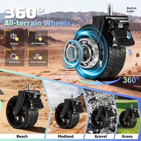 360° view of foldable utility wagon all-terrain wheels with brakes for beach, mudland, gravel, grass; heavy duty cart use.