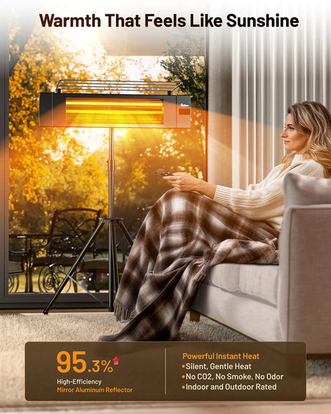 Carbon Infrared Patio Heater With Tripod, Remote Control, Tip Over Protection, Freestanding Or Wall Mounted, IP55 Indoor Outdoor Use, Odorless Heat, Black For Patio Or Deck Ambience All Year in living room