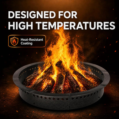 Smokeless 48 Inch Fire Pit Ring With Perforated Steel Insert showcasing burning logs and heat-resistant design