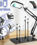 Helping Hands Soldering Station With 10X Rectangular LED Magnifier Lamp showing adjustable magnetic arms and dimensions.