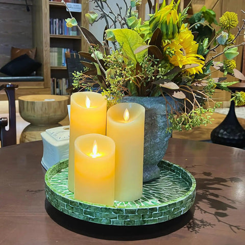 Next Level 12.5 Inch Wooden Lazy Susan With Mother Of Pearl Inlay, Super Heavy Duty Spinning Turntable Serving Tray For Kitchen Islands Or Cookouts with candles.