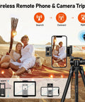 68 Inch Camera Tripod For Phone And Tablet with remote on beach, supporting phone for a photo of a couple at sunset