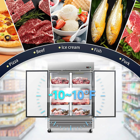 54 Inch Heavy Duty Commercial Upright Freezer With Double Door and bright LED lights showcasing ice cream, beef, and fish inside.