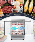 Fifty Four Inch 49 Cubic Foot Upright Commercial Freezer With Two Solid Stainless Steel Doors storing meats and ice cream at -10°F.