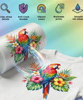 Direct To Film Roll 13 Inch By 328 Feet A3 Plus PET Double Sided Matte Clear 75 Micron Anti Static Hot Peel For DTF Printer And Heat Press High Resolution Vivid Color Output with colorful parrot transfer on white shirt.
