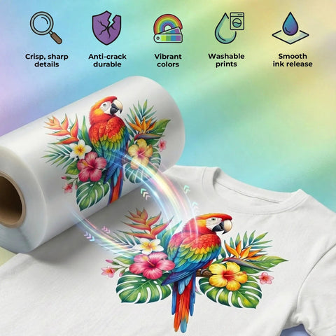 Direct To Film Roll 13 Inch By 328 Feet A3 Plus PET Double Sided Matte Clear 75 Micron Anti Static Hot Peel For DTF Printer And Heat Press High Resolution Vivid Color Output with colorful parrot transfer on white shirt.