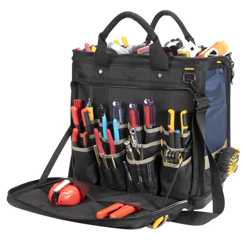 Heavy Duty Pro Grade Tech Tool Bag With Molded Base and Multi-Compartment 17 Inch Carrier Black Blue for Power Tools