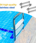 Six Pack Stainless Steel Pool Ladder Bolts And Nuts Replacement Kit For Above Ground Pools With Threaded Head Design shown by poolside