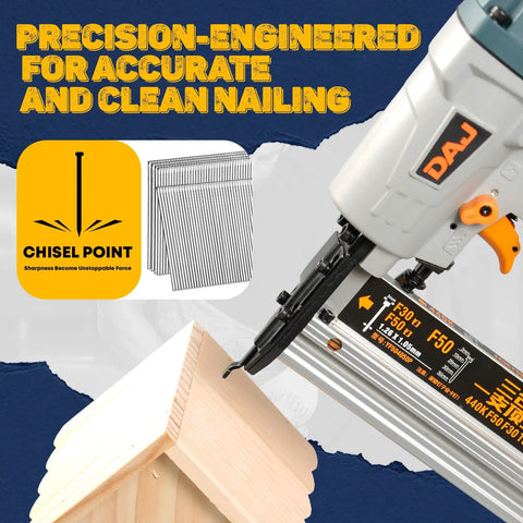 Solid As A Rock 18 Gauge Brad Nails 1 3/4 Inch Head 1000 Piece Box stacked for precision nailing with a nail gun, showcasing clean driving.