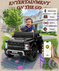Child driving Ford F-150 Raptor Licensed 12V Ride On Truck For Kids With Parent Remote, LED Lights, backyard setting, music features shown.