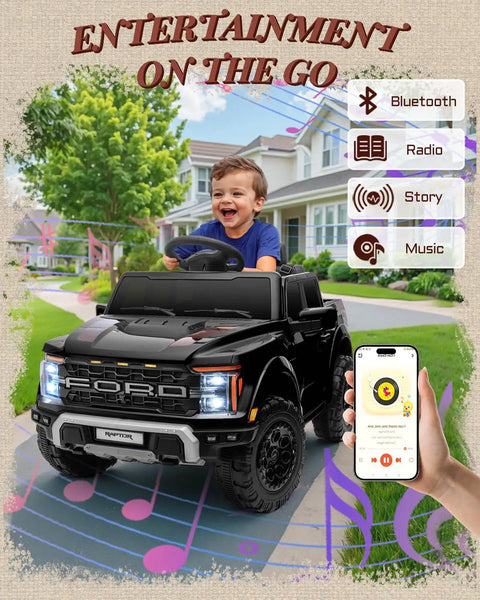 Child driving Ford F-150 Raptor Licensed 12V Ride On Truck For Kids With Parent Remote, LED Lights, backyard setting, music features shown.